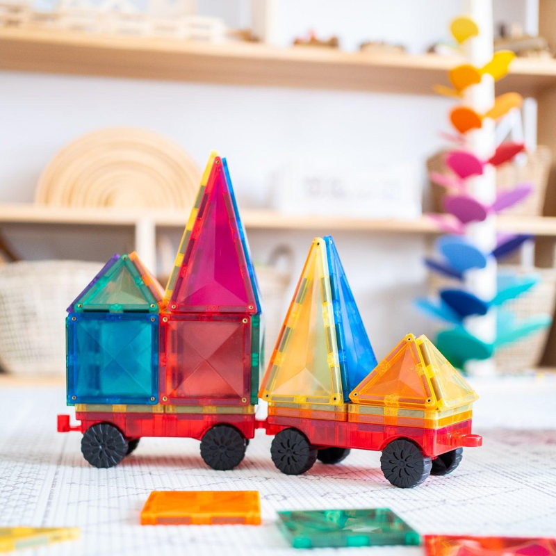 Magnetic Tiles Connetix Tiles Rainbow MOVEABLE BUNDLE Creative Pack 100 Piece + Car Pack 24 Piece