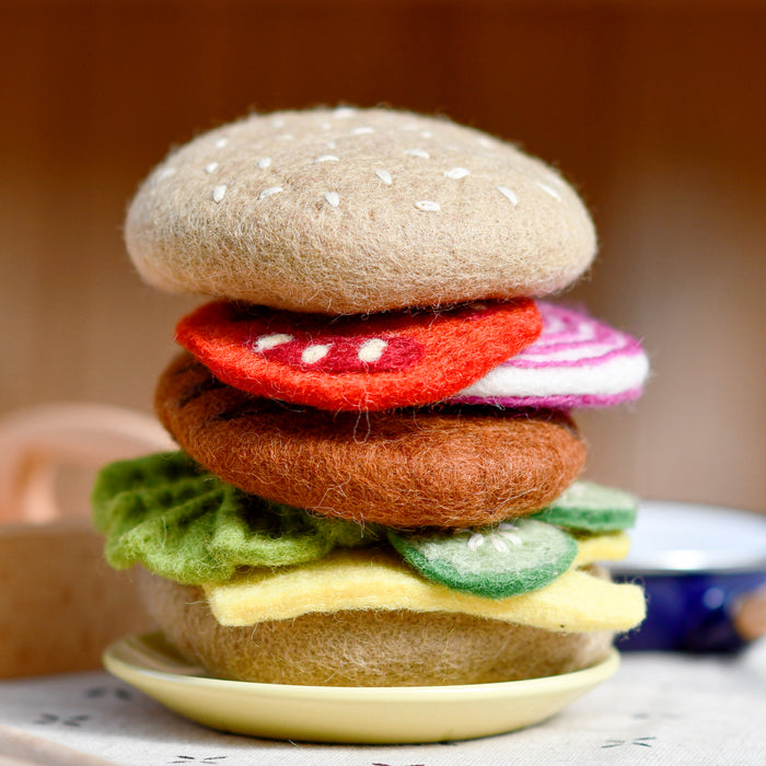 Tara Treasures Felt Burger Stack Set Pretend and Imaginative Play Kitchen Accessories 3yrs+