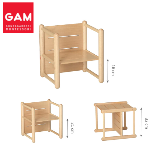 Montessori Weaning Chair 3 in 1 Wooden Cube by Gonzagarredi Montessori Italian Toddler Chair (Bulky Shipping)