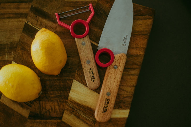 Opinel Le Petit Chef Knife and Peeler Finger Guard Complete Set Red Montessori Practical Life Materials Best Seller 7yrs+