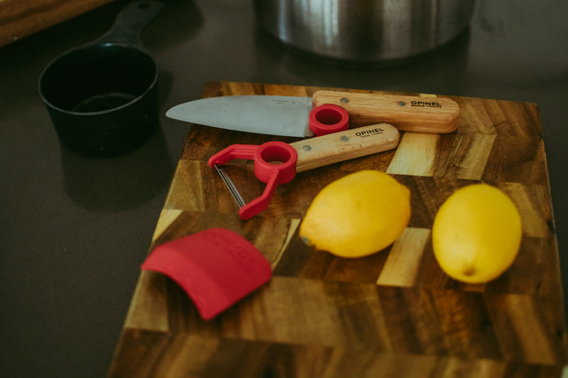 Opinel Le Petit Chef Knife and Peeler Finger Guard Complete Set Red Montessori Practical Life Materials Best Seller 7yrs+