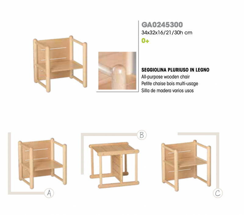 Montessori Weaning Chair 3 in 1 Wooden Cube by Gonzagarredi Montessori Italian Toddler Chair (Bulky Shipping)
