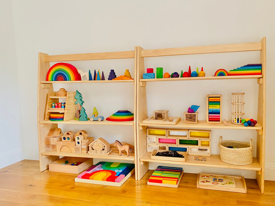 Wooden Playroom Shelving Solid Pine 3 Tier Australian Made suitable to store Large Grimm’s set