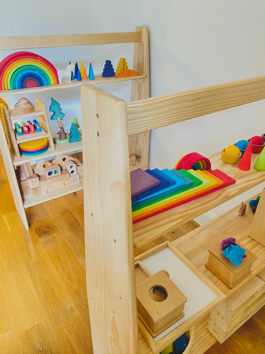 Wooden Playroom Shelving Solid Pine 3 Tier Australian Made suitable to store Large Grimm’s set