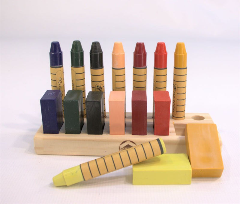 Beeswax Crayons 8 Blocks + 8 Stick in Bamboo Box by Apiscor Waldorf Education Inspired Stationary Art and craft for kids 3yrs+