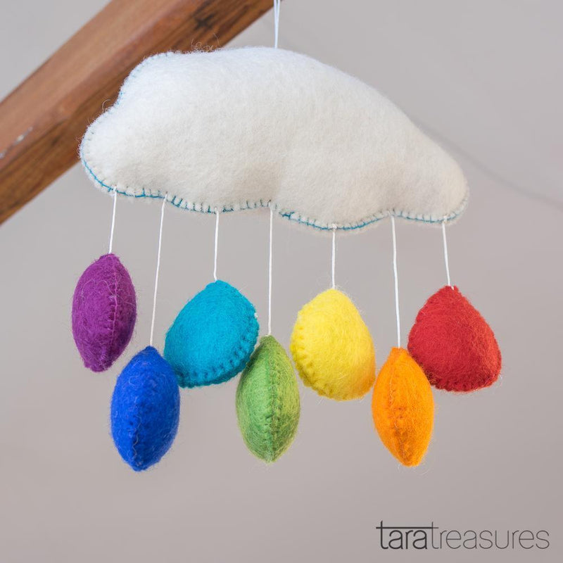 Tara Treasures Felt Cloud Nursery Mobile with Rainbow Droplets - Medium - My Playroom 