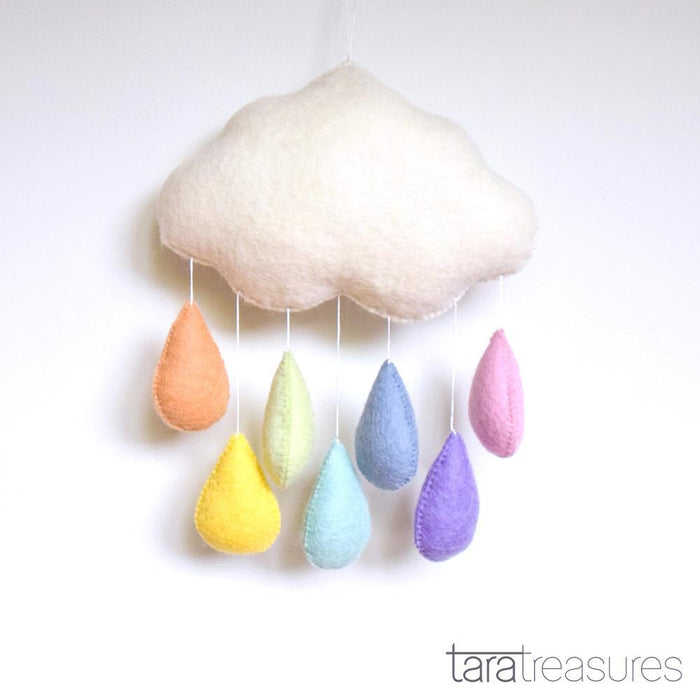 Tara Treasures Large Felt Cloud Nursery Mobile Pastel Rainbow Raindrops - My Playroom 