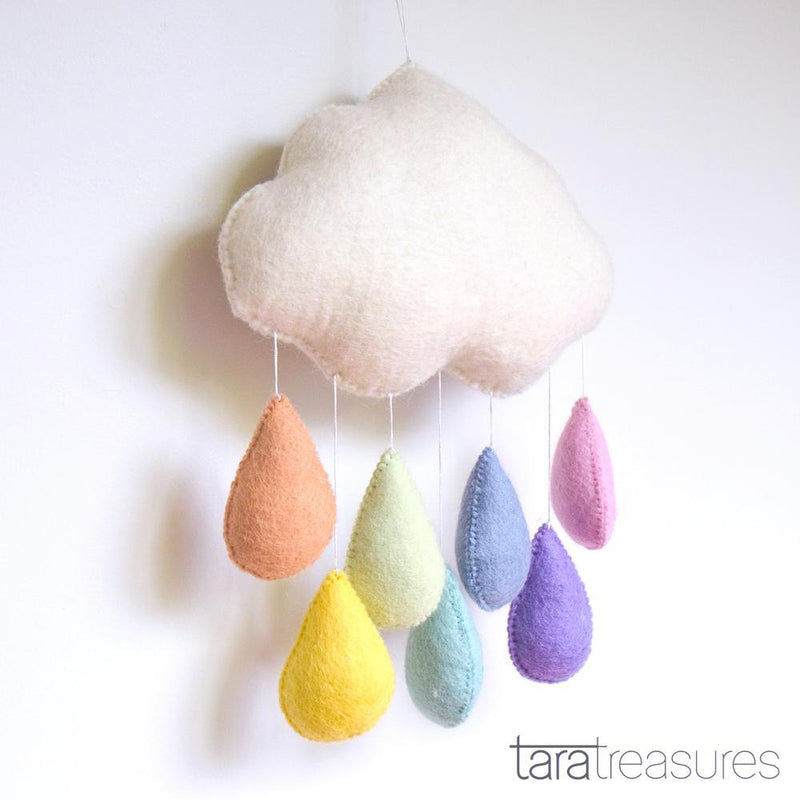 Tara Treasures Large Felt Cloud Nursery Mobile Pastel Rainbow Raindrops - My Playroom 