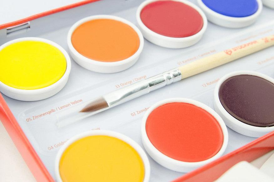 Stockmar Watercolour Paint Set in Tin -  12 Opaque Colours, Brush+Palette 3yrs+ - My Playroom 