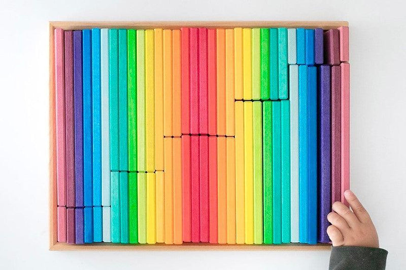 Gluckskafer Wooden Blocks - Rainbow Building Slats in Tray 64 Pieces Age 2+ - My Playroom 