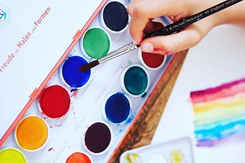 Stockmar Watercolour Paint Set in Tin -  12 Opaque Colours, Brush+Palette 3yrs+ - My Playroom 