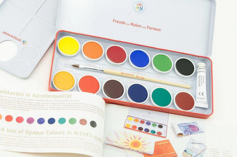 Stockmar Watercolour Paint Set in Tin -  12 Opaque Colours, Brush+Palette 3yrs+ - My Playroom 