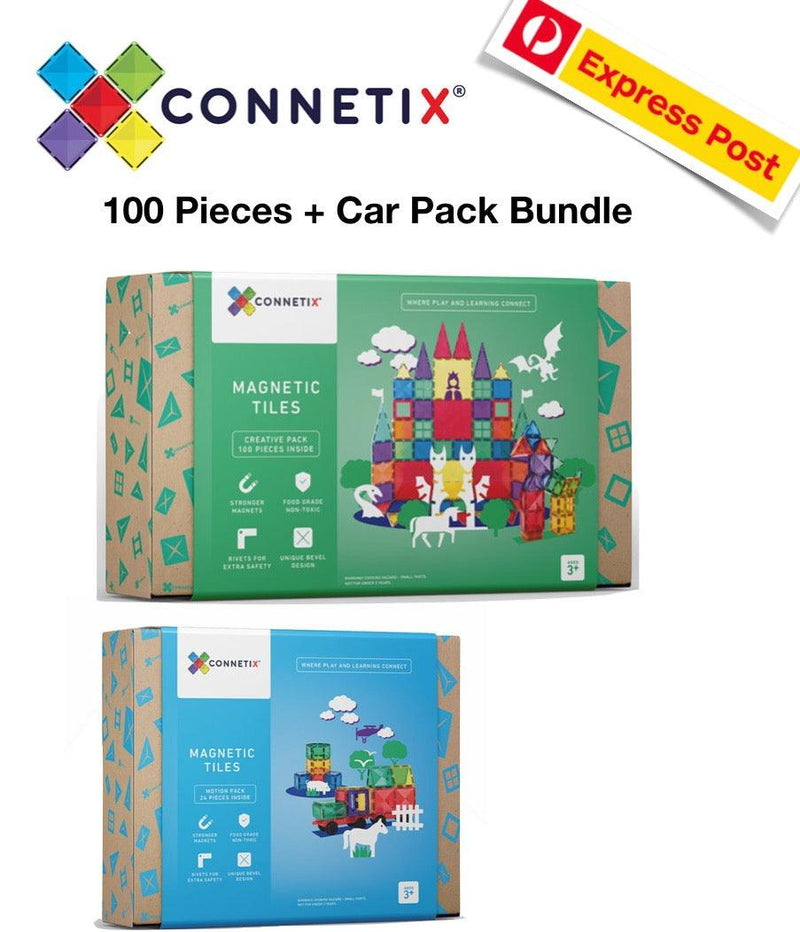 Connetix Rainbow MOVEABLE BUNDLE Creative Pack 100 Piece + Car Pack 24 Piece - My Playroom 