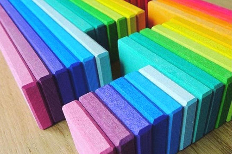 Gluckskafer Wooden Blocks - Rainbow Building Slats in Tray 64 Pieces Age 2+ - My Playroom 