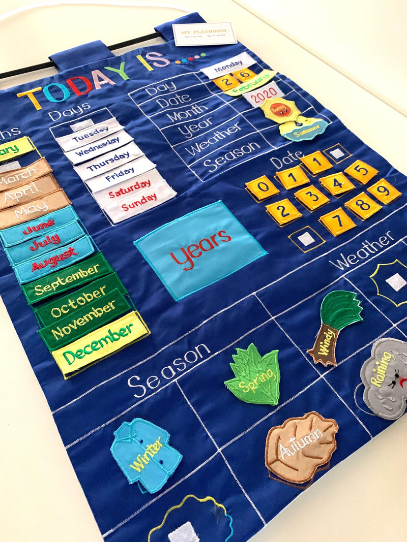 Today is English Fabric Calendar Wall Chart Blue - My Playroom 