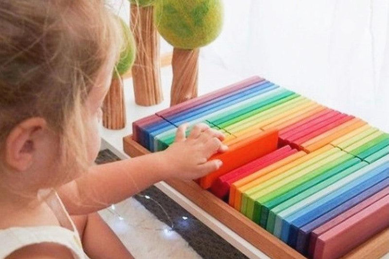 Gluckskafer Wooden Blocks - Rainbow Building Slats in Tray 64 Pieces Age 2+ - My Playroom 