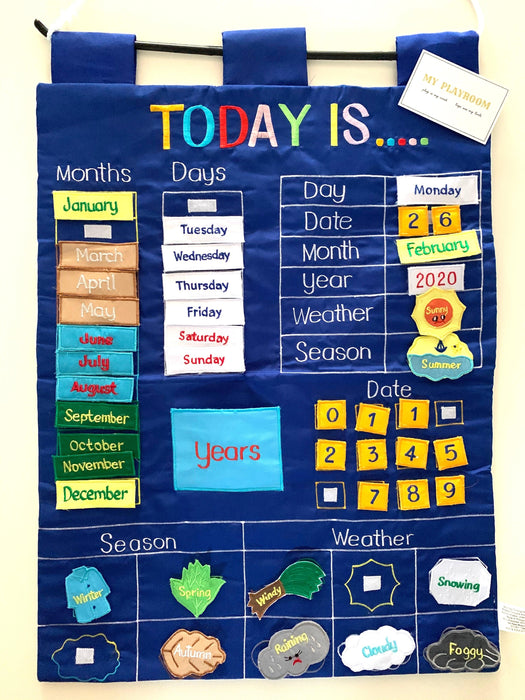 Today is English Fabric Calendar Wall Chart Blue - My Playroom 