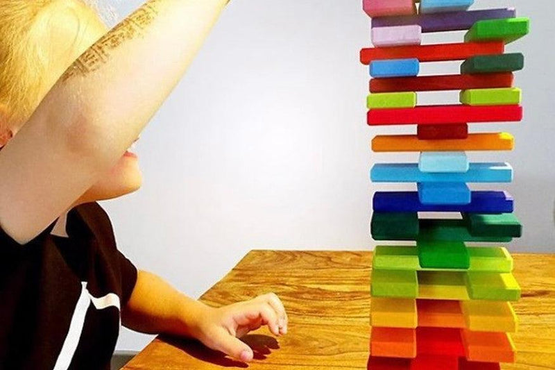 Gluckskafer Wooden Blocks - Rainbow Building Slats in Tray 64 Pieces Age 2+ - My Playroom 