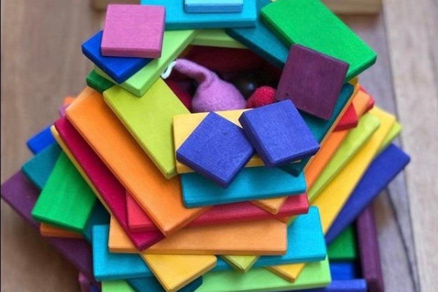 Gluckskafer Wooden Blocks - Rainbow Building Slats in Tray 64 Pieces Age 2+ - My Playroom 