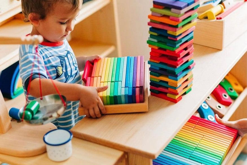 Gluckskafer Wooden Blocks - Rainbow Building Slats in Tray 64 Pieces Age 2+ - My Playroom 