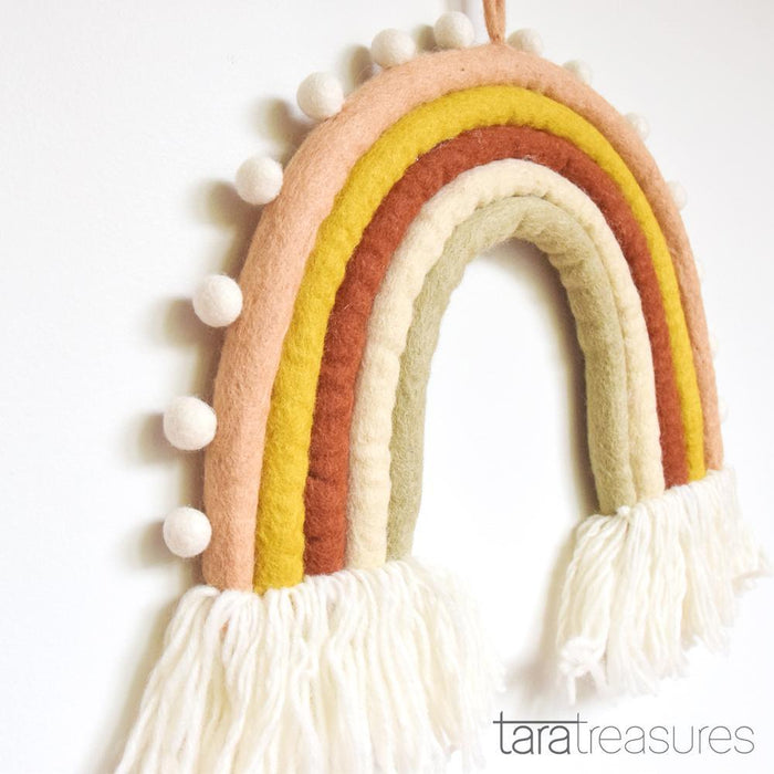 Tara Treasures Felt Nursery Mobile Rainbow Hanging with Pompoms -Earth Colours - My Playroom 
