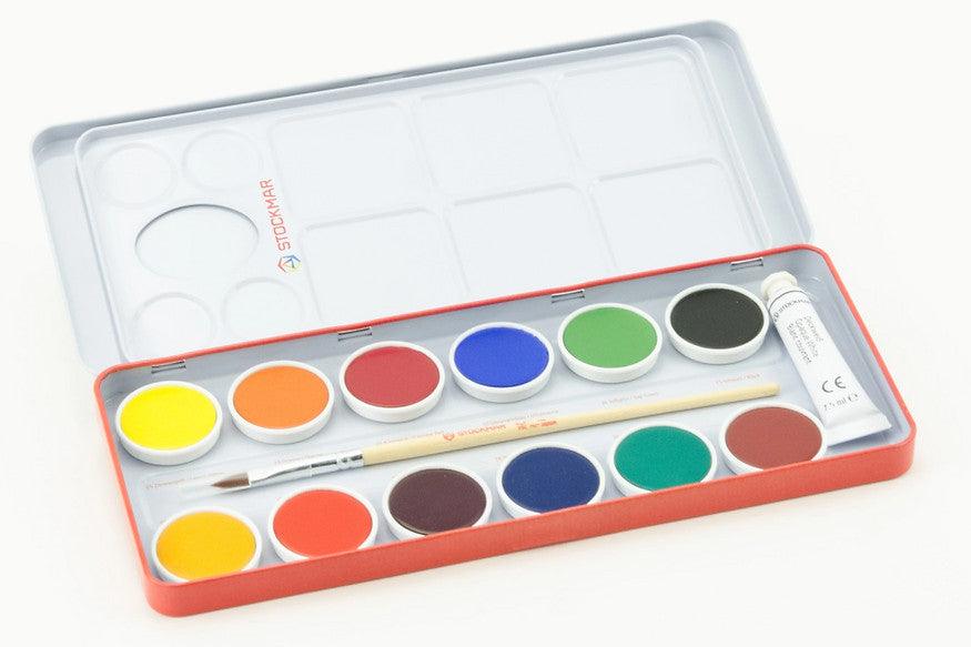 Stockmar Watercolour Paint Set in Tin -  12 Opaque Colours, Brush+Palette 3yrs+ - My Playroom 