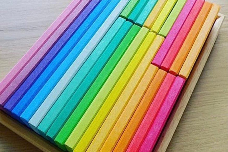 Gluckskafer Wooden Blocks - Rainbow Building Slats in Tray 64 Pieces Age 2+ - My Playroom 