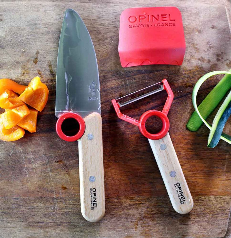 Opinel Le Petit Chef Knife and Peeler Finger Guard Complete Set Red Montessori Practical Life Materials Best Seller 7yrs+
