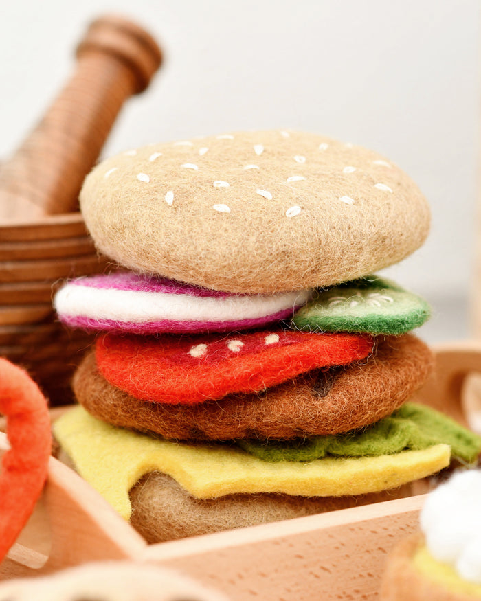 Tara Treasures Felt Burger Stack Set Pretend and Imaginative Play Kitchen Accessories 3yrs+