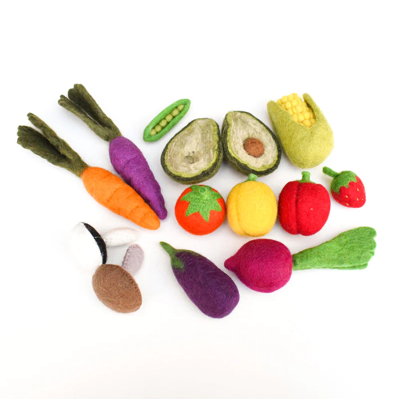 Tara Treasures Felt Vegetables and Fruits 14pcs Set A Pretend and Imaginative Play Kitchen Accessories Best Seller 3yrs+