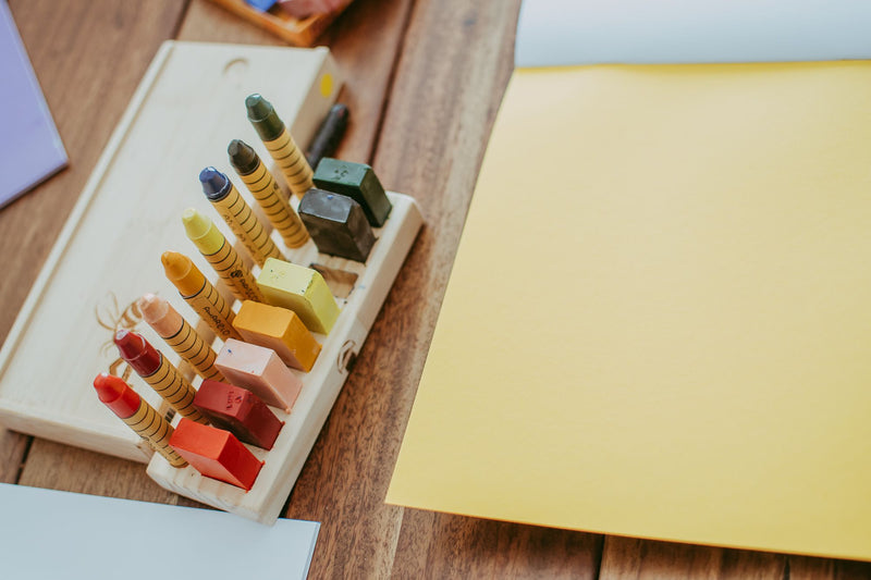 Beeswax Crayons 8 Blocks + 8 Stick in Bamboo Box by Apiscor Waldorf Education Inspired Stationary Art and craft for kids 3yrs+