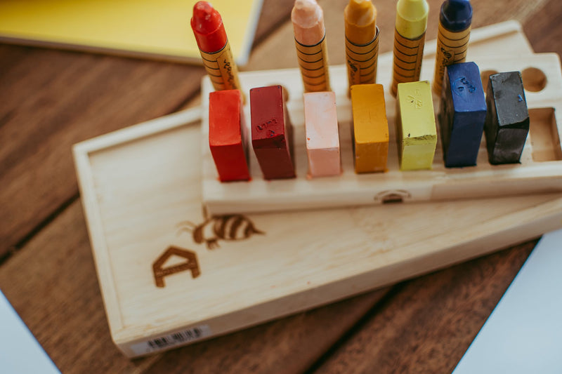 Beeswax Crayons 8 Blocks + 8 Stick in Bamboo Box by Apiscor Waldorf Education Inspired Stationary Art and craft for kids 3yrs+