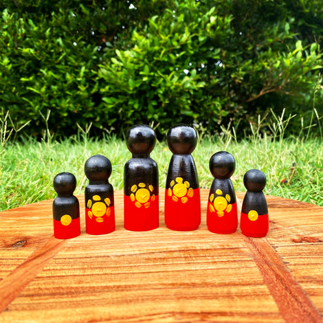 Barka Arts Aboriginal Flag Peg Doll Family Set of 6 First Nations Resources Best Seller 3yrs+