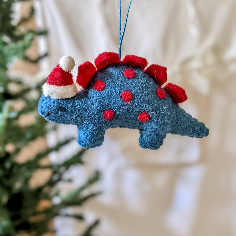 Pashom Christmas Tree Decor - Felt Blue Dinosaur Stegosaurus with Hat Dinosaur toy Pretend & Imaginative Play Toys Dinosaur and Dragon Theme Christmas Range 3yrs+