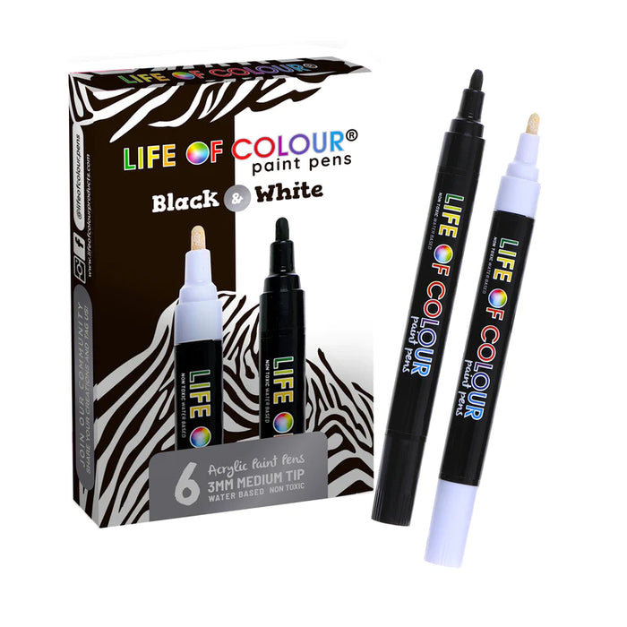 Life Of Colour All Surface Acrylic Paint Pens Black and White Medium 3mm Tip Set of 6