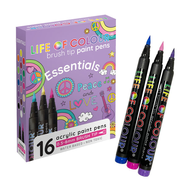 Life of Colour Brush Tip Acrylic Paint Pens Essential Colours Set of 16