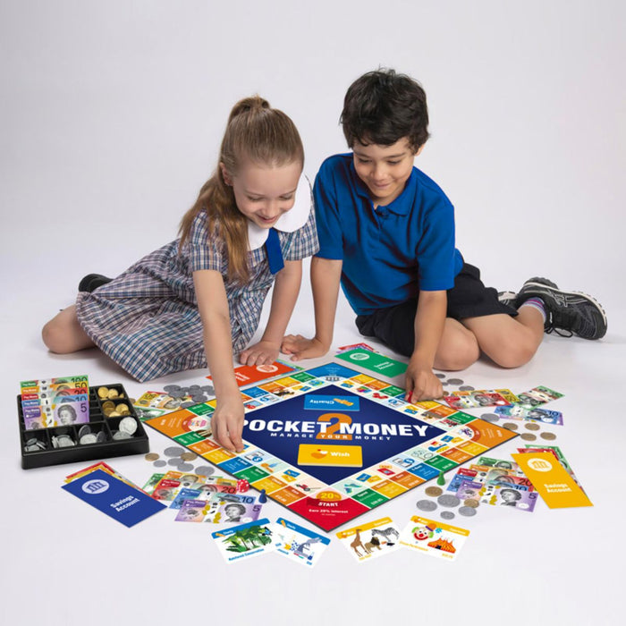 Pocket Money Board Game 2 Earn Save Spend money practice Multiplication Division decimals and percentages for 8yrs+
