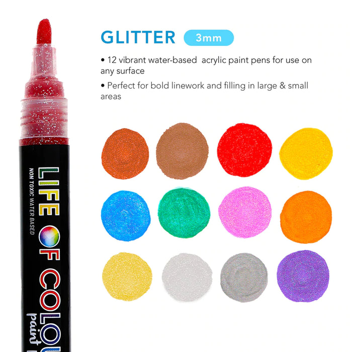 Glitter Medium Tip Acrylic Paint Pens Set of 12 - My Playroom 